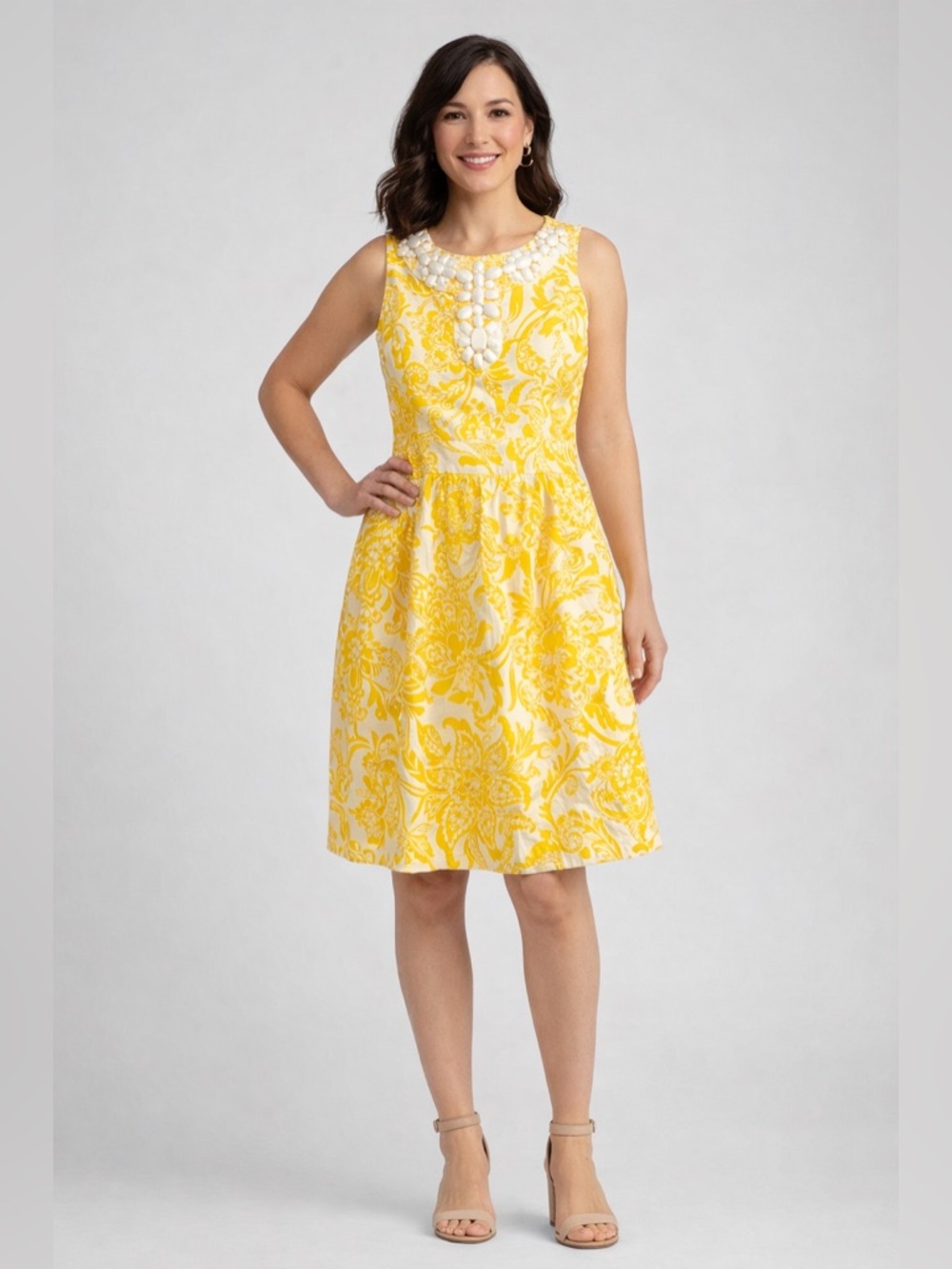 Jessica Howard Yellow and White Floral Sleeveless Midi Dress🌼